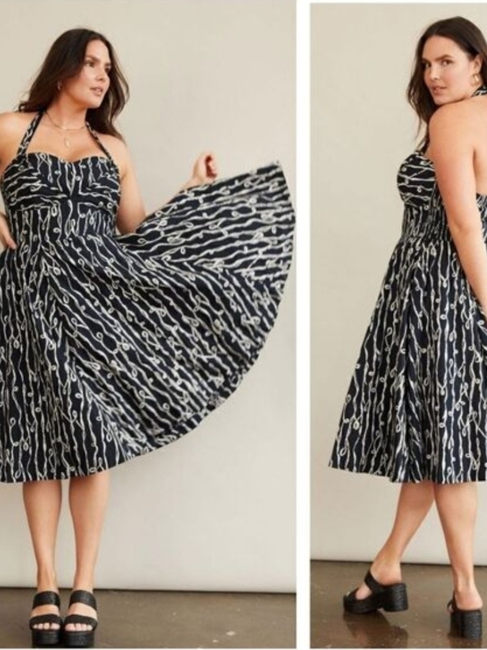 Black Halter Midi Dress with White Chain-Print